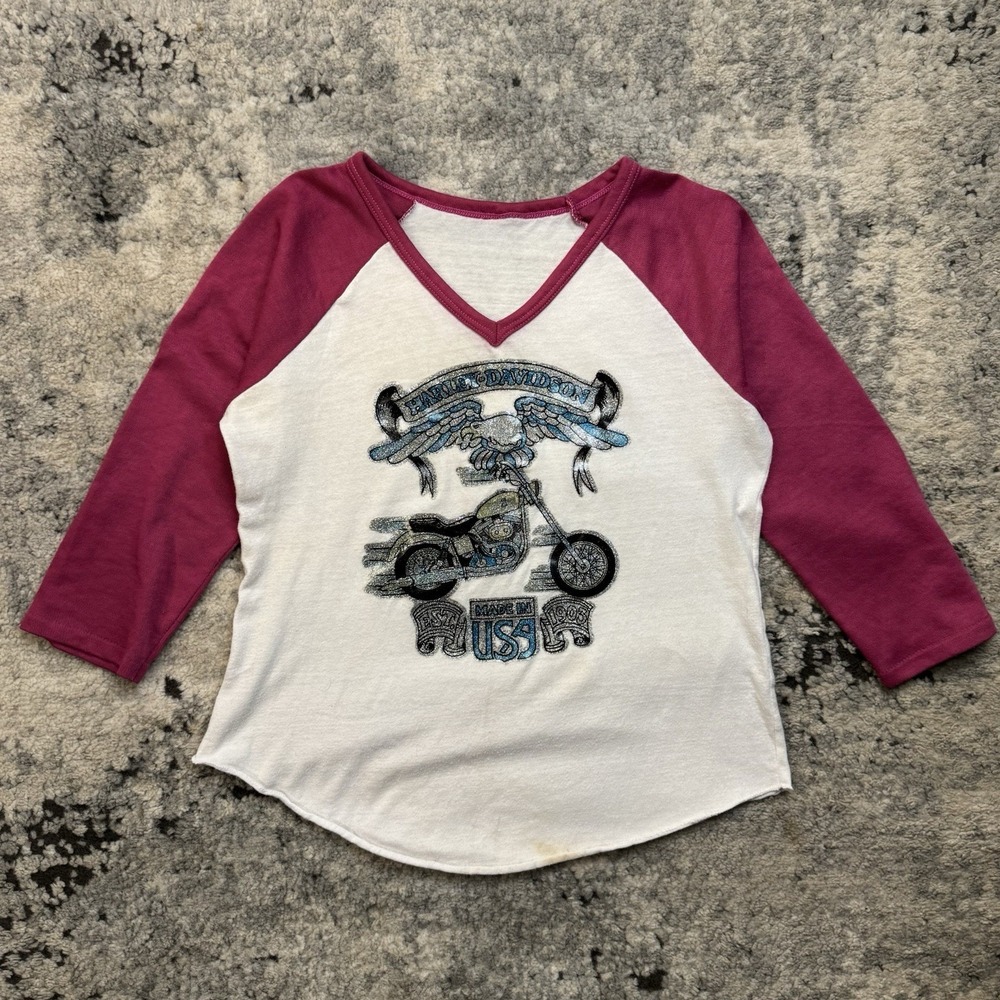 Vintage 80s Harley-Davidson Women's V-Neck Raglan 3/4 Sleeve Baby Tee Size Small